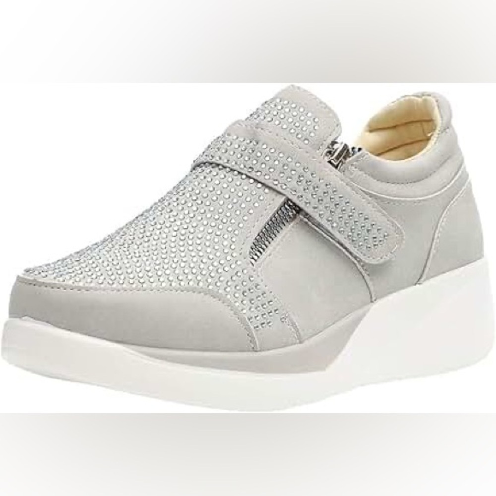Morecome Women’s faux crystal double zipper wedge sneakers - slip on size 6.5